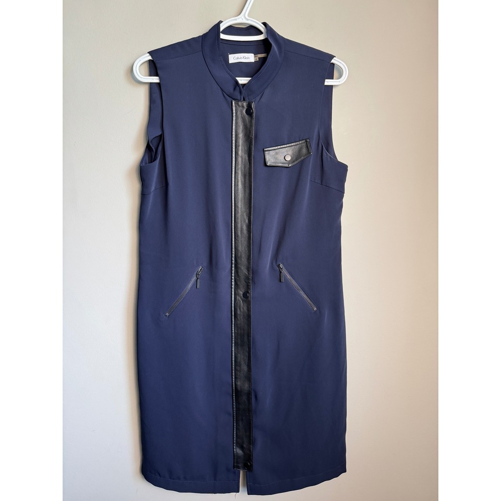 Calvin Klein Womens Navy Faux Leather Trim Shift Dress 10 Office Professional